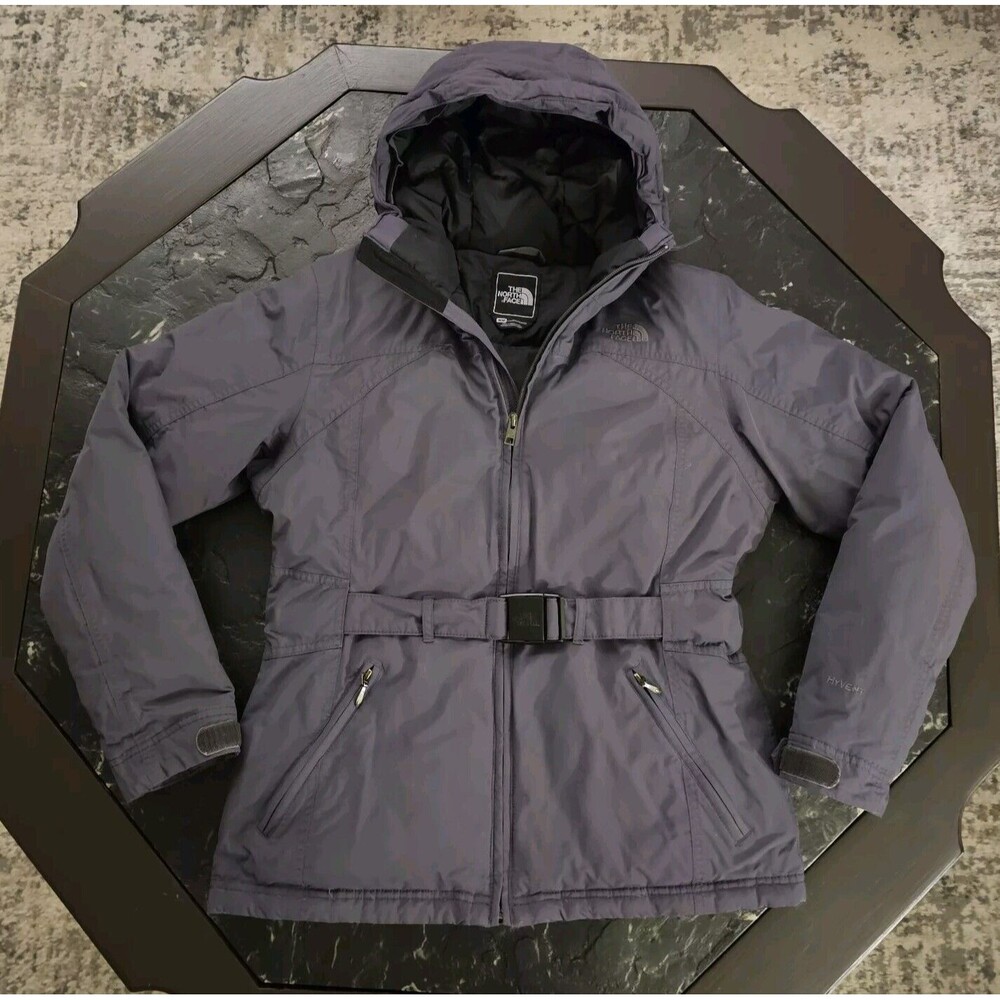 The North Face Belted Goose Down Hyvent Puffer Jacket Coat Hooded Womens M Grey